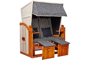 intergrill Strandschönheiten Doris Ostsee Strandkorb | 2-Sitzer Vollholzfront inkl. Schutzhülle | Blau Weiß gestreift | Balkon Terrasse Garten