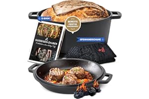 Ottia Casserole en fonte prête à l'emploi avec couvercle pour poêle, pain, ragoût, cocotte, pour induction, gaz, camping, feu, barbecue, barbecue, avec livre de recettes et gants de four