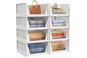 SIMPDIY Wardrobe Storage Organiser, 8 Pack Stackable Clothes Storage Baskets Drawers, Folding Plastic Cupboard Organiser Shelves for Bedroom Wardrobe Bathroom