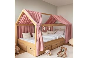 FloraVigo Hausbetthimmel 2 Stück, handgefertigt aus 100% Baumwoll-Musselin, Stoffhimmel zur Hausbettdekoration, für Mädchen und Jungen (2er Set 65 x 270cm Altrosa)