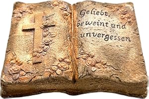 Bambelaa! Grabschmuck Deko Trauerartikel Kreuz auf Buch Geliebt Beweint Unvergessen Ton Ca. 20 x 15 x 4 cm Wetterfest - Grabdeko Grabmale Grabstein Grabbuch Grabartikel Stein Mit Gravur