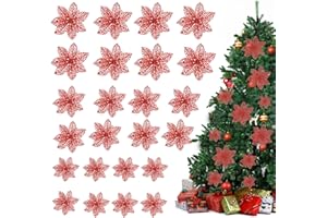 JOKILY 24 Pezzi Fiori Albero Natale, Natale Glitterata Decorazioni, Stella di Natale Ornamenti dell'Albero di, Fiori di Natale Decorazione, Ornamenti Natalizi Natale di Matrimonio (Rosso)
