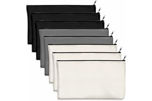 VANTASII 8 sztuk pustych bawełnianych płóciennych torebek na zamek błyskawiczny, piórnik, do makijażu, kosmetyków, przyborów toaletowych, do przechowywania artykułów piśmienniczych (czarny + szary + biały)