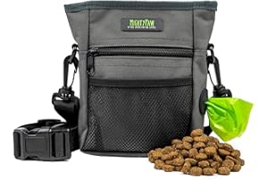 Mighty Paw Torba na przekąski dla psów 2.0 | Torba na przekąski bez użycia rąk z paskiem. Mieści 2 kubki, telefon i klucze. Zapięcie magnetyczne i klips do paska biodrowego. Zawiera 1 rolkę torebek na