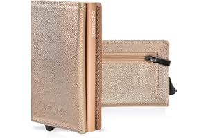 1ONESPO MAGNETIC Porta Carte di Credito Donna VERA PELLE - Portafoglio donna piccolo con Portamonete e Contanti - Porta tessere e documenti - Portacarte protezione RFID, SAFFIANO Oro