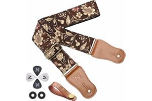 Nefelibata Gitarrengurt, Japan Hot-Bronzing Baumwolle Akustikgitarrengurte mit echtem Leder Enden für E-Gitarre, Bass & Ukulele. Inklusive Riemen Taste, Gitarre Picks und Gurt Schlösser