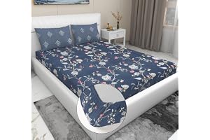 RD TREND Presents Luxurious Glace Cotton Super Soft 210 TC 360° Elastic Fitted Bedsheet King Size (78X72X8 Inch) with 2 Pillow Covers, Color- Grey Pink Pattern-Floral