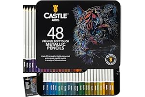 Castle Art Supplies Metallic Pencils Set | 48 Shimmering Shades with Premium Quality Wax Cores for Professional, Adult Artists and Colourists | Protected and Organised in Presentation Tin Box