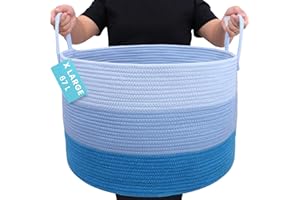 OrganiHaus Laundry Basket, Extra Large Woven Cotton Rope Bin for Dirty Clothes, Pillows & Towels, Rope Blanket Basket, Dog Toy Storage Bin, Soft & Durable Laundry Hamper - 50x33cm, Blue