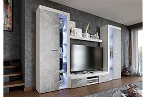 Furnix Wohnwand RIVAY XL Mediawand Betonoptik Wohnzimmer 4-TLG Komplett-Set LED - TV Lowboard, Highboard Vitrine, Wandregal - Modern Freistehend - B300 x H190 x T40,2 cm, Farbe Weiß/Beton