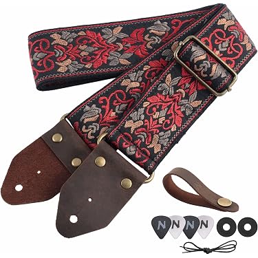 Gitarrenzubehör-Set – Verstellbarer Gitarrengurt (78-130 Cm), 10 Plektren, Plektrum-Tasche, 5 Gurtschlösser, Lederbandknopf