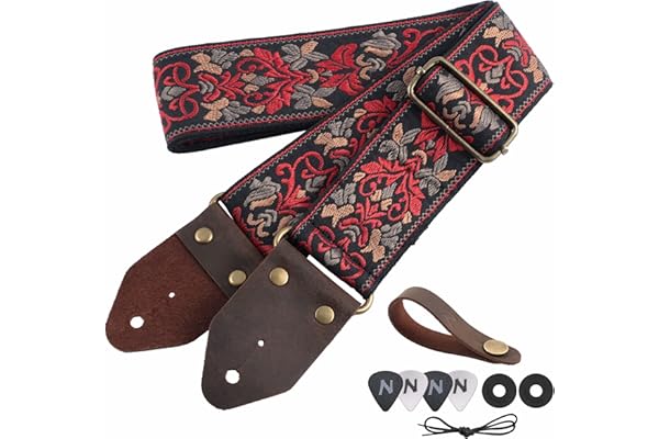 Nefelibata Sangle de guitare, sangles de guitare en coton brodé Jacquard avec extrémités en cuir Crazy Horse pour basse, électrique et acoustique, meilleurs cadeaux pour les enfants, les guitaristes
