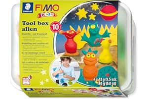 ‎STAEDTLER STAEDTLER FIMO kids tool box „alien”, 10-teilige Werkzeugbox mit kindgerechten Werkzeugen und ofenhärtender Modelliermasse, 8039 02