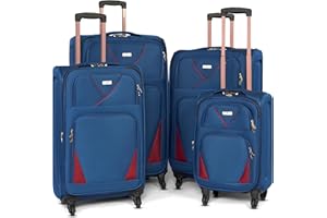 Bravich 4 Piece Luggage Set, Lightweight Soft Shell Suitcase Set with 360 Wheels & Combination Lock, for Carry On Luggage, Hand Luggage & Check in Luggage - 20" + 26" + 29" + 32" - Navy & Red