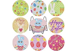 NAIMOER 8Pcs Easter Diamond Painting Coasters, DIY Life Coaster Bunny Diamond Art Coaster Kits for Adults Kids, Full Drill 5D Diamond Painting Coaster with Holder Cork Pad for Home (Easter Style)