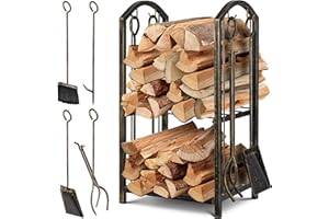 KESSER® Set Scaffale per camino 5 pezzi, scaffale a 2 piani per legna da ardere, uso in interni ed esterni, in metallo, con 4 utensili per il camino e il forno, acciaio 40 x 30 x 74,5cm