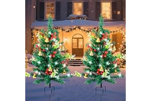 Qoosea Sapin de Noël Lumière Exterieure 2 Pièces, Arbres de Noël avec LED Guirlande Lumineuse 8 Modes, Lampe Jardin Étanche IP65, Décoration de Noël pour Intérieure, Cour, Chemins, Pelouse, Terrasse