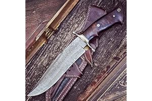 BIGCAT ROAR Raptor - Cuchillo Caza Largo Acero Damasco Artesanal 33,5 cm - Mango Madera Nogal y Funda Cuero - EDC Bushcraft, Campo, Monte y Supervivencia - Regalo Hombres, Cazadores o Coleccionistas