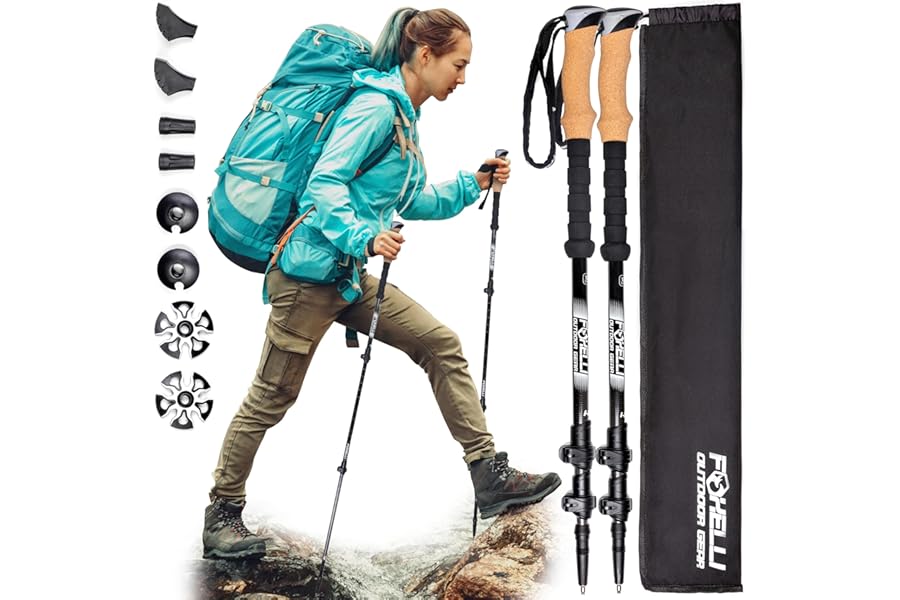 Foxelli Carbon Fiber Walking Poles – Lightweight Collapsible Hiking Poles with Cork Grips, Quick Flip Locks & All-Terrain Accessories – Adjustable Height Hiking Sticks for Men & Women