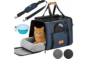 CADOCA® Transportbox Katzen bis 20kg faltbar Sonnen- und Regendach Schultergurt mit Napf Atmungsaktiv Komfortabel Wendekissen Haustier Katzenbox Tragetasche Hunde Auto Blau