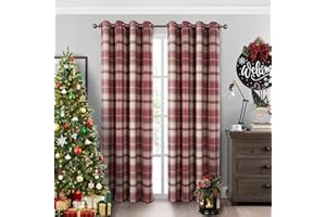 always4u 100% Blackout Curtains Check Eyelet Curtain Bedroom Plaid Woven Brushed Cheque Pair of Highland Woolen Look Window Treatment for Living Room Red 46 * 54 Inches