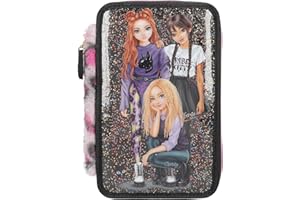 Depesche 13017 TOPModel Rebel Kitty - Gefüllte 3-Fach Federtasche in Schwarz, mit Model Motiv, Glitzer und Leo-Fell, Federmappe mit Buntstiften, Lineal, Schere uvm.