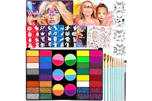 MKAKYES Peinture Corporelle pour Le Visage, Palette de Maquillage Enfants, 44 Couleurs Peinture Visage avec 11 Pinceaux, 36 Pochoirs, 2 Diamant Autocollant, Face Paint pour Halloween, Noël, Carnaval