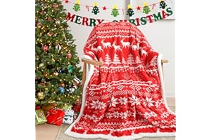 ‎HOMCOMODAR Homcomodar Weihnachtsdecke Kuscheldecke Flauschig Fleecedecke 130x150cm Weiche Sofadecke Weihnachtsbaum Schnee Hirsch Überwurf Warme Couchdecke Wohndecke für Sofa Weihnachtsdeko, Weihnachten Rot