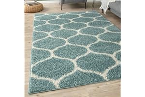 THE RUGS Shaggy Rug – Modern Moroccan Design Rugs for Living Room, Bedroom, Hallway, 3 cm Thick Area Rugs, (Trellis Duck egg blue/Ivory, 80x150cm)