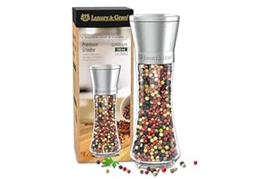 LG Luxury & Grace Macina Pepe, Sale e Spezie, 180 ml (19x6,5 cm). Vetro di Alta Qualità, Acciaio Inossidabile e Macinino in Ceramica. Dimensione del Grano Regolabile. Elegante, Leggero ed Ergonomico.
