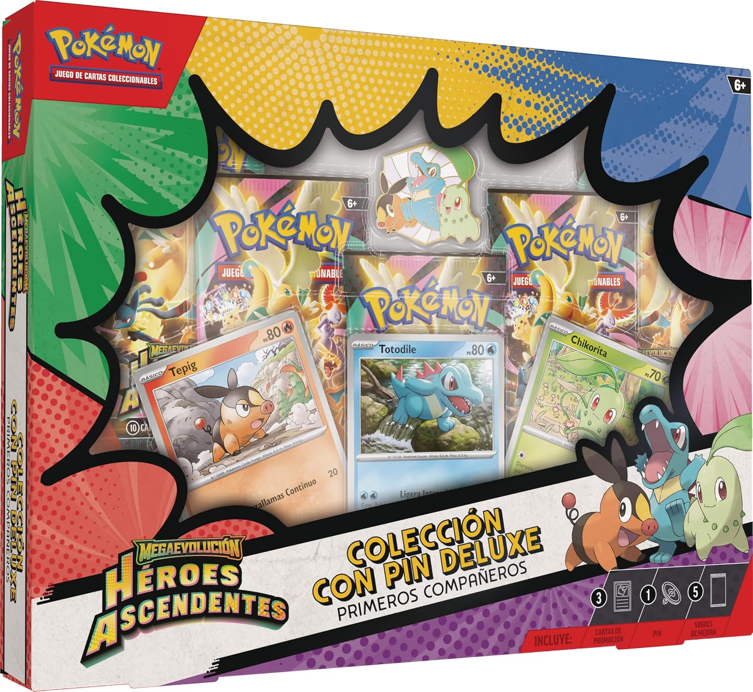Pokémon: Colección con Pin Deluxe Primeros Compañeros de Megaevolución-Héroes Ascendentes (3 Cartas holográficas de promoción, 1 Pin Deluxe y 5 Sobres de Mejora)