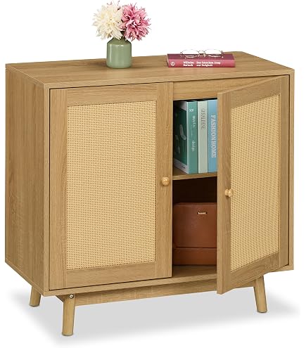 Litake Credenza In Rattan Naturale - 80x40x92 Cm - Comò In Legno Con 2 Ante Intrecciate E 2 Scomparti Aperti - Armadio Buffet Stile Boho Per Soggiorno, Ingresso, Cucina O Supporto TV