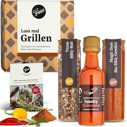 Gepp's Gourmet Mini Barbecue Spice Mixes, Set of 3, with 2 Barbecue Spices and Habanero Chilli Sauce, Magic Rub and Texas BBQ Barbecue Spices, Gift for Men, Our Own Recipe