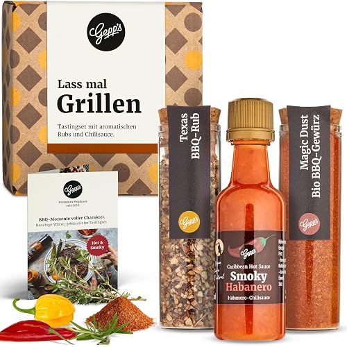 Gepp's Gourmet Mini Barbecue Spice Mixes, Set of 3, with 2 Barbecue Spices and Habanero Chilli Sauce, Magic Rub and Texas BBQ Barbecue Spices, Gift for Men, Our Own Recipe