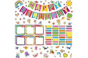 GETHELUD Ensemble de Tableau d'Affichage d'anniversaire de 122 PCS, Banderole d'anniversaire/Cards de Mois/Nom Décoration Fleurs, Étoiles, Découpes d'animaux Marins Fournitures de Fête