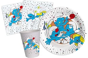 CIAO Party Tableware Set Smurfs for 8 people (36 pcs: 8 plates Ø18cm, 8 cups 200ml, 20 napkins 33x33cm) in eco-friendly compostable paper