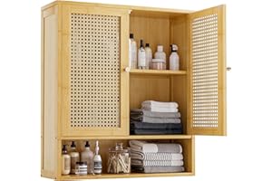 vovala Mueble de Pared para baño, Organizador de Almacenamiento de bambú sobre el Inodoro con 2 Puertas de ratán y Estante Ajustable, botiquín de Ahorro de Espacio para lavandería, Cocina (Natural)
