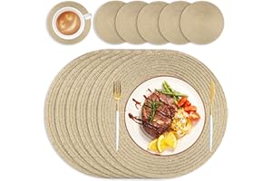 wiipara Round Woven Placemats Set of 6 Heat Resistant Round Braided Table Mats, 34 cm Washable Placemats and Coaster Sets for Dining/Kitchen Table, Party, Wedding, Gold