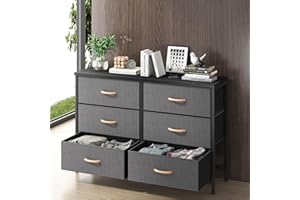 KU Syang Chest of Drawers, Fabric Chest of Drawers Bedroom with 6 Drawers and Large Storage, Dresser with Wooden Top and Metal Frame, Organiser Unit for Bedroom/Living Room, Dark Grey