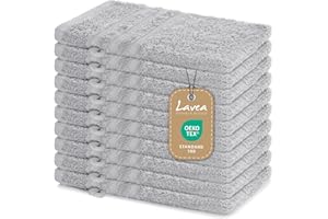 Lavea® 10 Guanti da Bagno 15x21 cm in Spugna di Cotone 100% Morbidi e Assorbenti, per Casa Hotel Spa – Manopola da Bagno con Gancetto – Argento