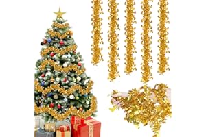 Joxessaien Lametta Weihnachtsbaum 8 Stück × 2 m – Weihnachtsgirlande 16 m Weihnachtsdeko Feine Lametta Girlande mit Glocken – Christbaum Deko für Innen & Außen (Gold)