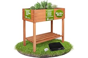 TTL GARDEN Balkon Hochbeet M 80x40x80cm aus Holz - Pflanzkasten & Blumenkasten mit Ablageboden & Folie - Tannenholz wetterfest - Pflanzbeet Kräuterbeet Blumenbeet für Garten Balkon Terrasse - Braun