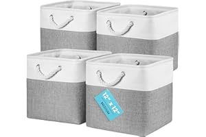 OrganiHaus Fabric Storage Boxes, Set of 4 Foldable 30X30 Cube Organiser Bins with Rope Handles for Shelves, Nursery & Closet, Collapsible Storage Baskets for Toys, Clothes & More - Grey/Off-White