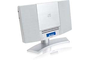 Denver MC-5220 - Reproductor de CD para el hogar HiFi con altavoces y radio, alimentación de red, vertical, radio reloj, control remoto, reproductor de CD montado en la pared o soporte de escritorio