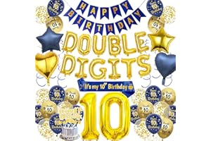 AURMONIGO Happy 10th Birthday Decorations for Boys - 77 Pieces Blue and Gold Double Digits Theme Includes Banner, Number 10 Foil Balloons, Hanging Swirls, It’s My Birthday Sash, for 10-Year-Old Birthday Party
