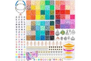 HONGTEYA 12600 Pcs Clay Beads for Bracelet Making Kit,72 Colors Flat Round Polymer Clay Beads Beads for Jewelry Making for Girls 8-12 with Pendant Charms Kit Letter Beads Elastic Strings