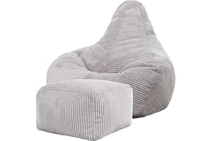 Icon Dalton, Puff Reclinable en Respaldo Alto y Cordón, Gris Claro, 90cm x 73cm, Puff de Cordón Gigante para Adultos, Grande Puff para Zonas de Estar con Relleno Incluido