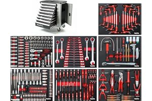 Mephisto Werkzeugwagen Werkstattwagen mit 8 Schubladen Davon 7 mit Werkzeug wie Schraubenschlüssel, Ratsche mit Nusskasten, Schraubendreher usw. in Soft Inlays in Carbonoptik gefüllte Schubladen