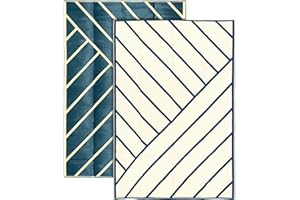 Relsy Outdoor Rug Waterproof Reversible Large 160 x 230 cm Garden Rug, Royal Blue & Cream Geo-Lines Area Rugs For Garden Outdoor Patio Rug, Camping Mat, Deck, Backyard, Picnic