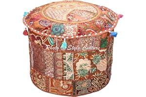 Stylo Culture Pouffe Seat Vintage Footstool Bench Cover Brown Indian Embroidered Patchwork Cotton Traditional Round Fabric Pouf Ottoman Cover (18x18x13 Inch) 45cm (COVER ONLY)
